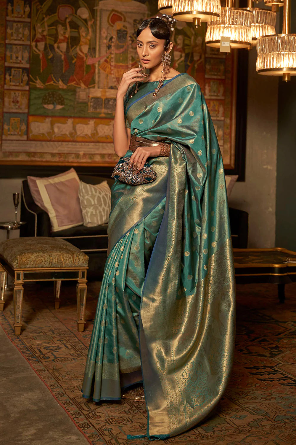 AQUAMARINE GREEN zari handloom weaving KANJIVARAM SILK