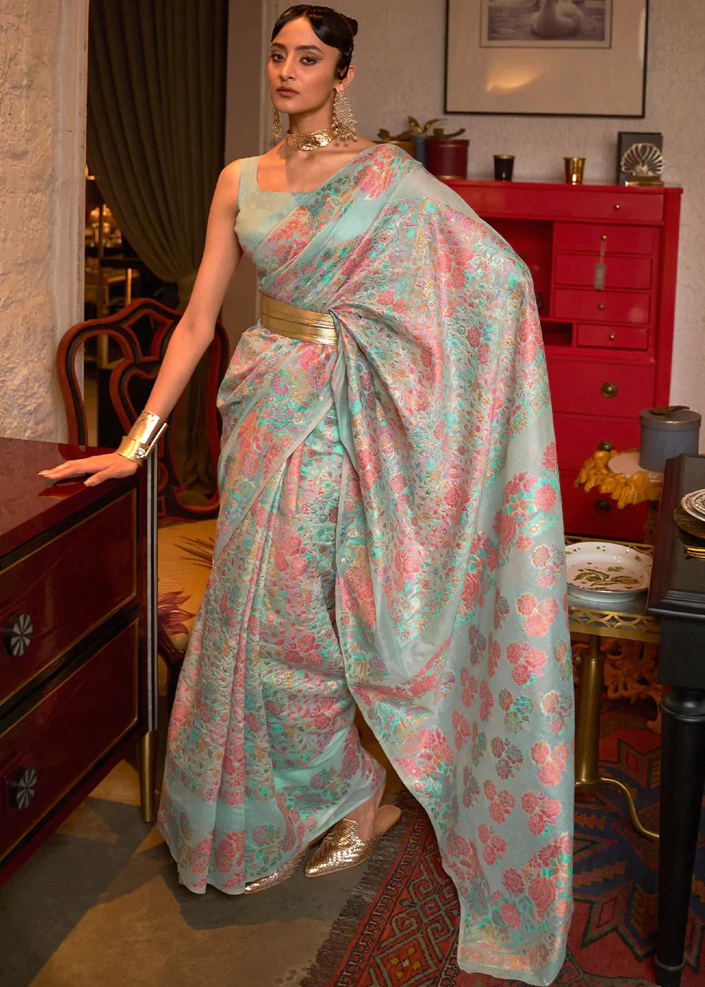 CORAL BLUE KASHMIRI HANDLOOM WEAVING SILK SAREE