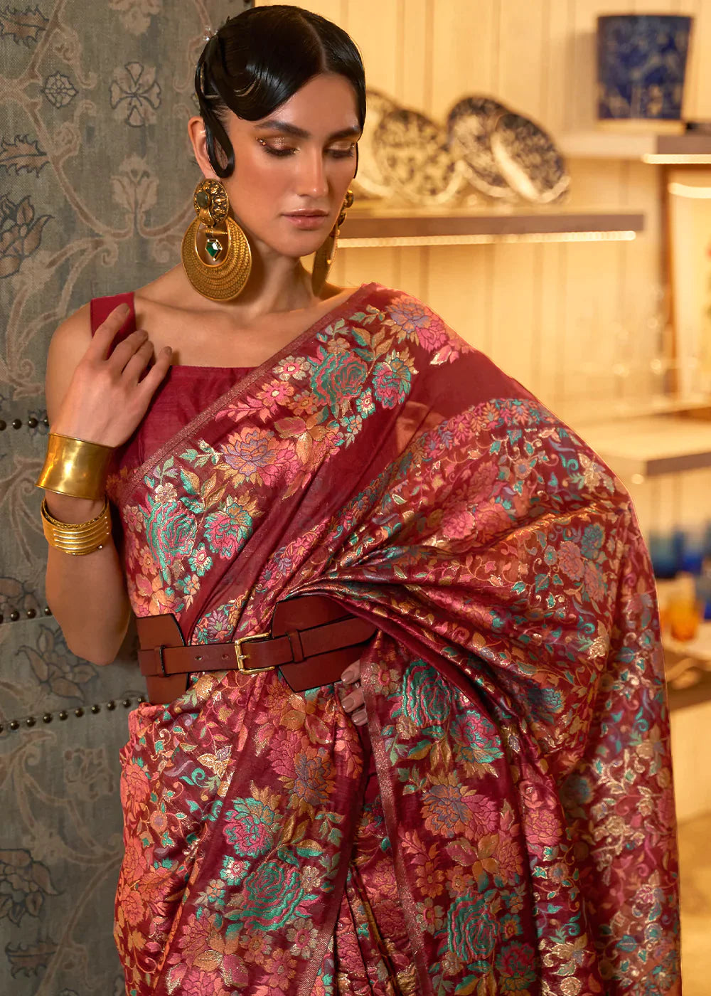 MULBARRY MAHROON KASHMIRI HANDLOOM WEAVING SILK SAREE