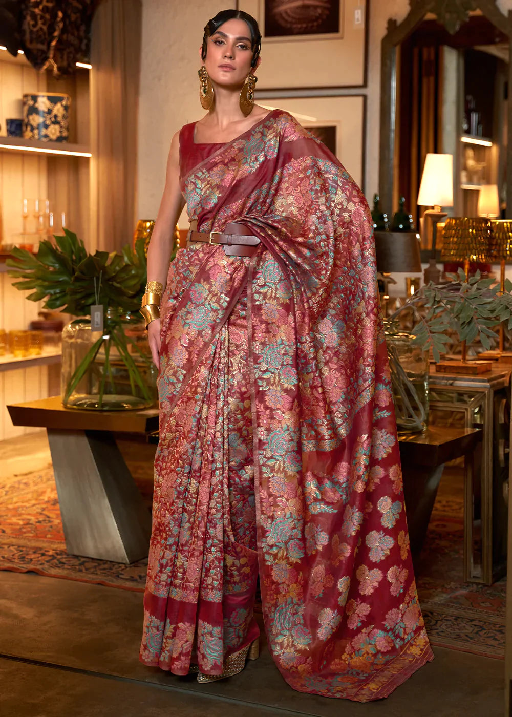 MULBARRY MAHROON KASHMIRI HANDLOOM WEAVING SILK SAREE