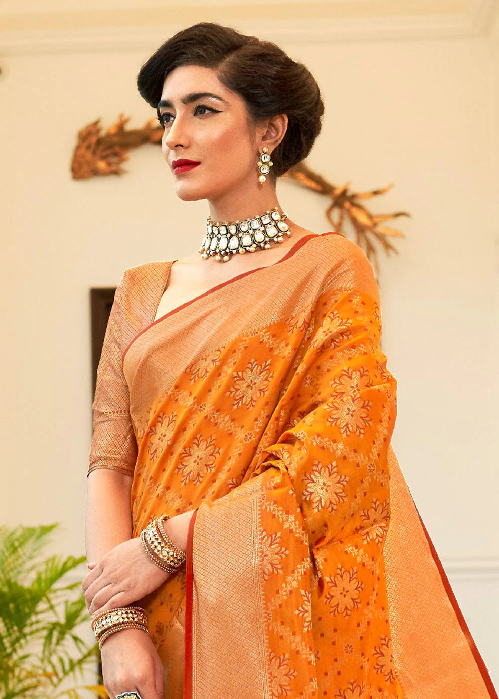 Splendor Orange Woven Patola Fusion Banarasi Saree With Brocade Blouse