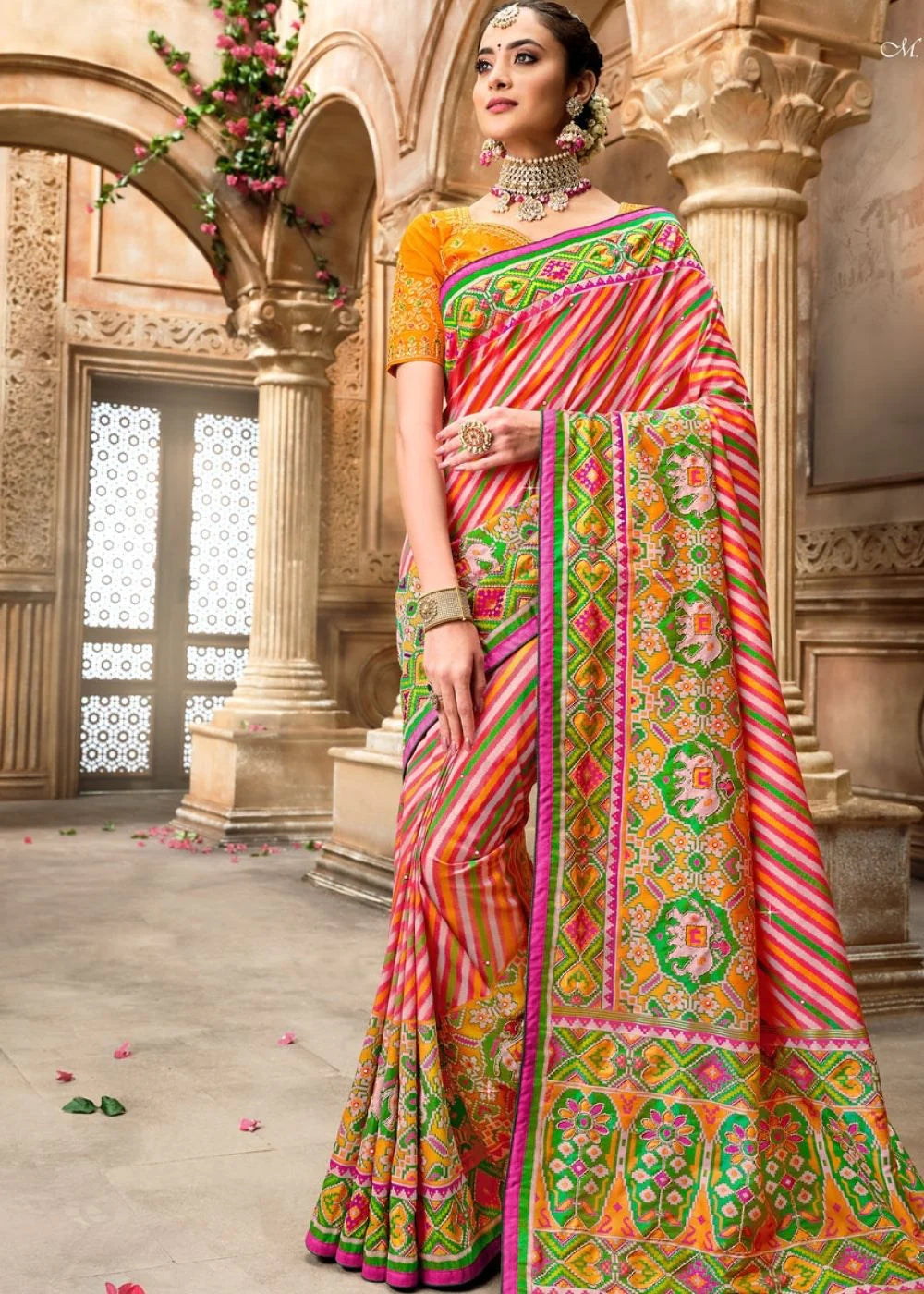 PINK PATOLA SILK SAREE WITH MIRROR WORK