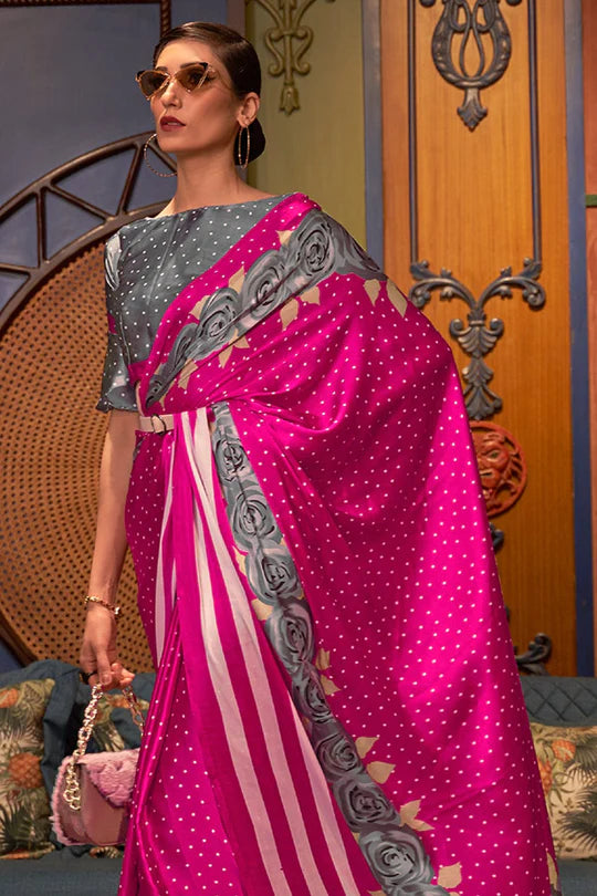 Radiant Bloom: Hot Pink Satin Silk Saree