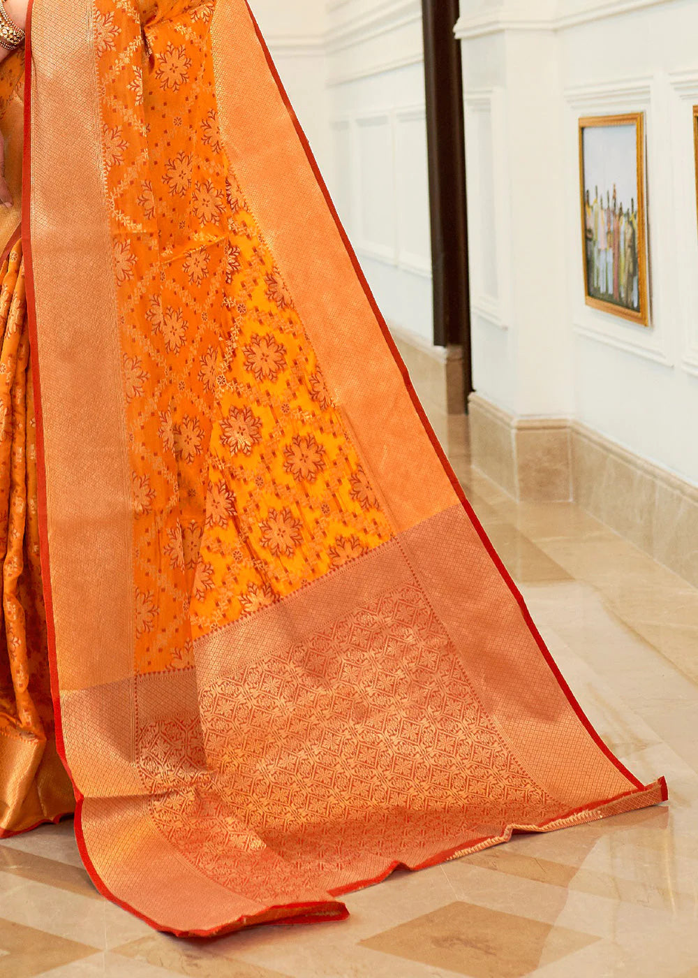 Splendor Orange Woven Patola Fusion Banarasi Saree With Brocade Blouse