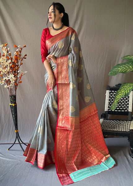 LEAD GREY Linen  Banarasi Silk Saree