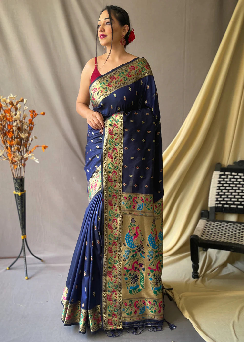 DENIM BLUE  Woven Paithani Silk Saree