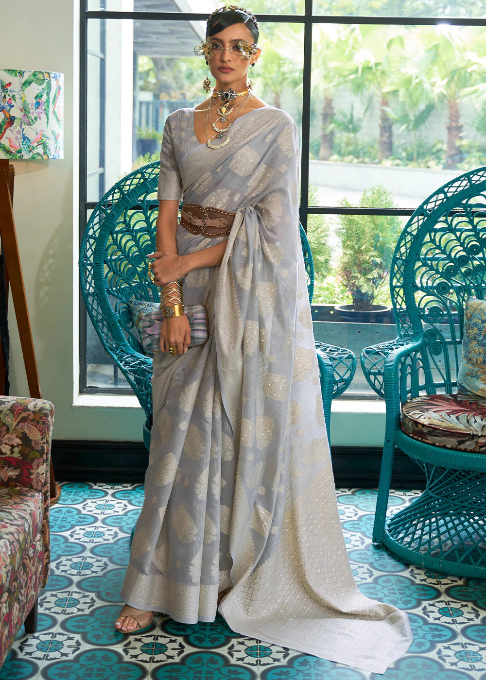 GREY CHIKANKARI SILK SAREE WITH SEQUINS WORK