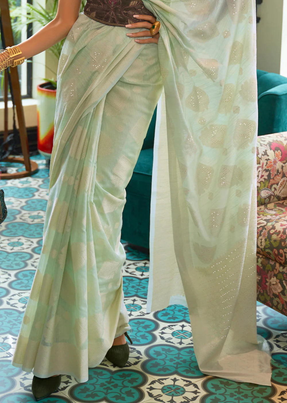 LIME GREEN CHIKANKARI SILK SAREE WITH SEQUINS WORK