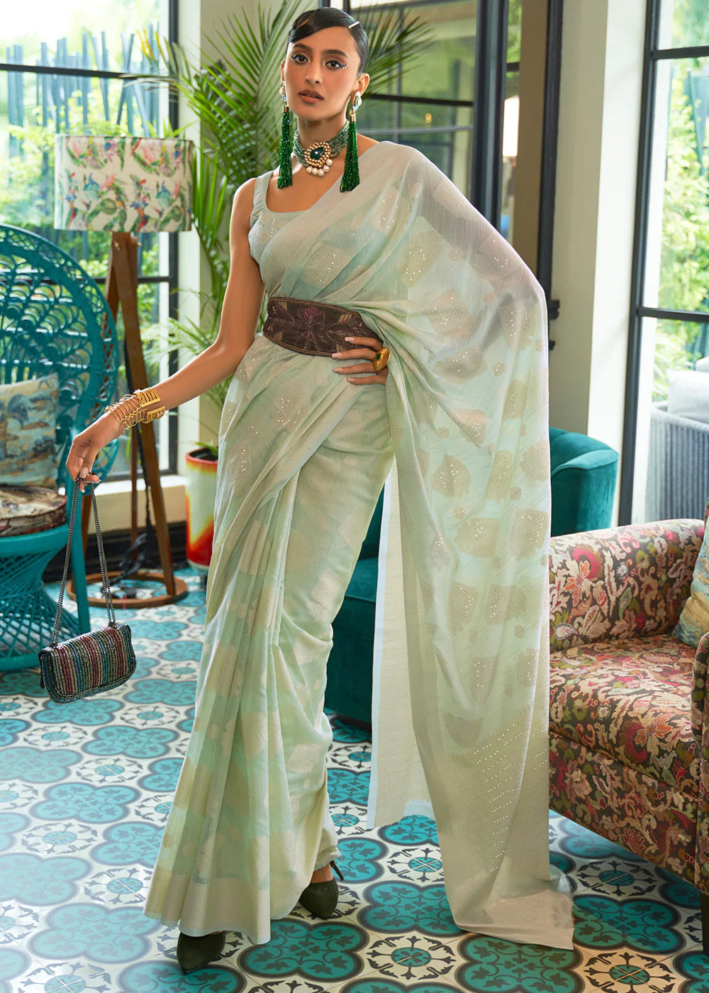 LIME GREEN CHIKANKARI SILK SAREE WITH SEQUINS WORK