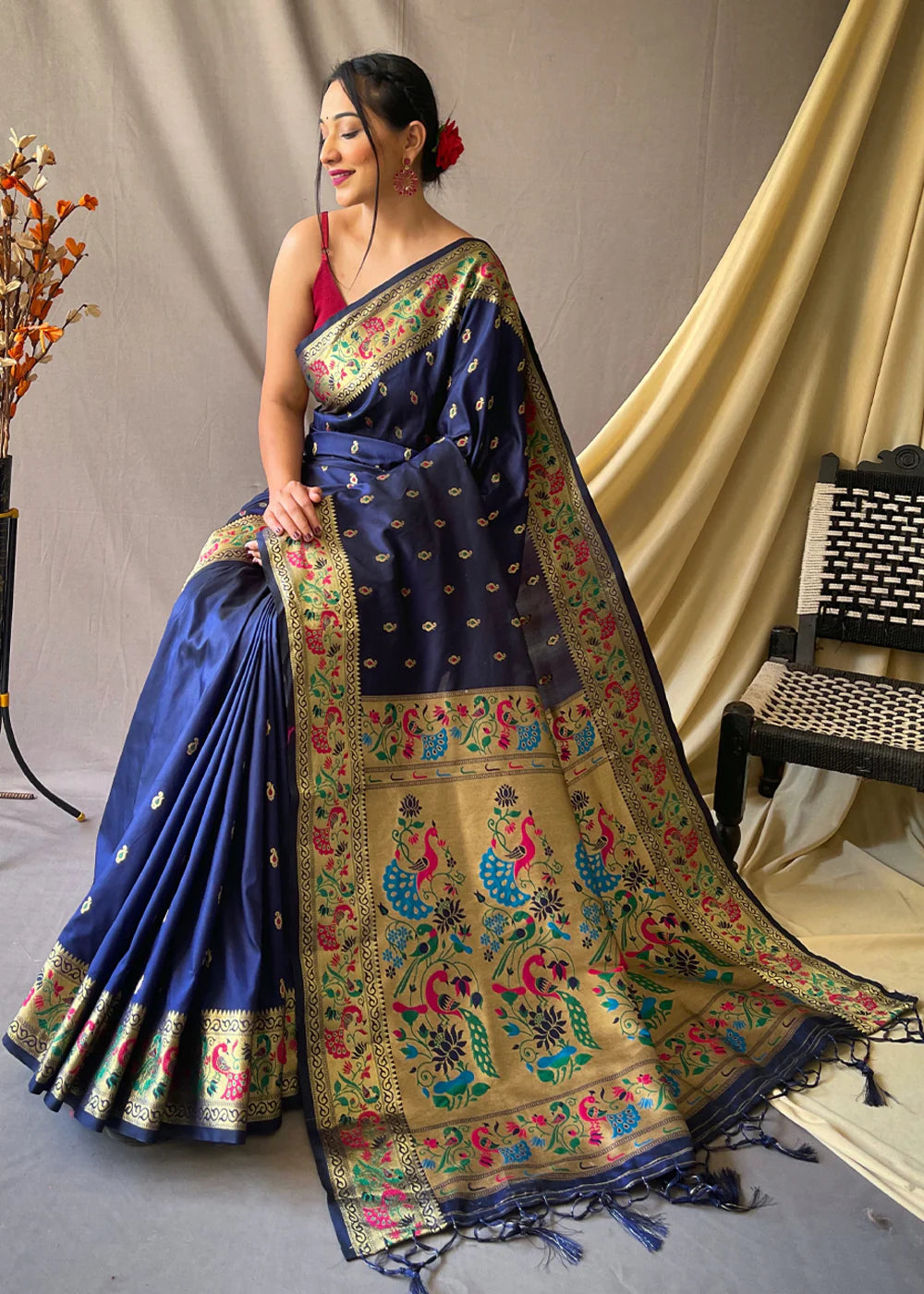 DENIM BLUE  Woven Paithani Silk Saree