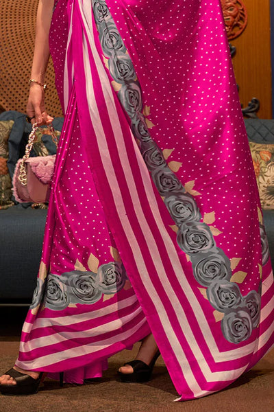 Radiant Bloom: Hot Pink Satin Silk Saree