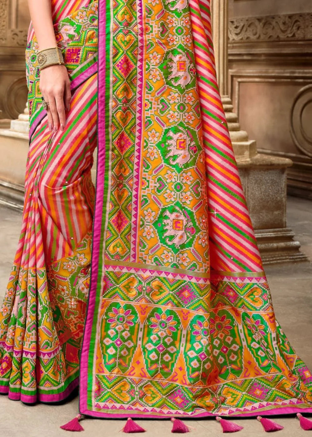 PINK PATOLA SILK SAREE WITH MIRROR WORK