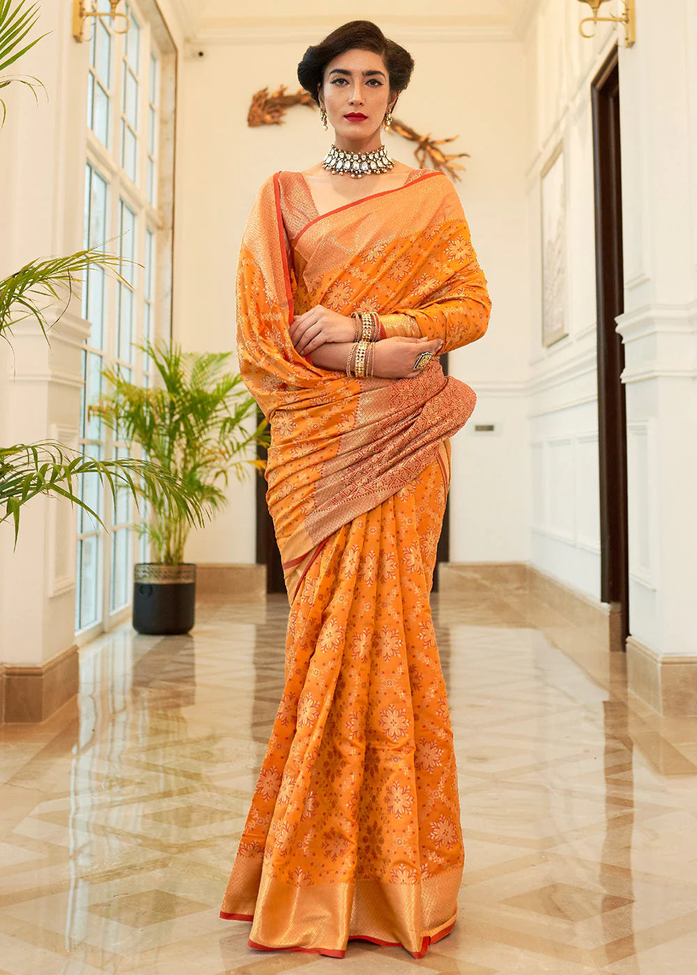 Splendor Orange Woven Patola Fusion Banarasi Saree With Brocade Blouse