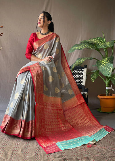 LEAD GREY Linen  Banarasi Silk Saree