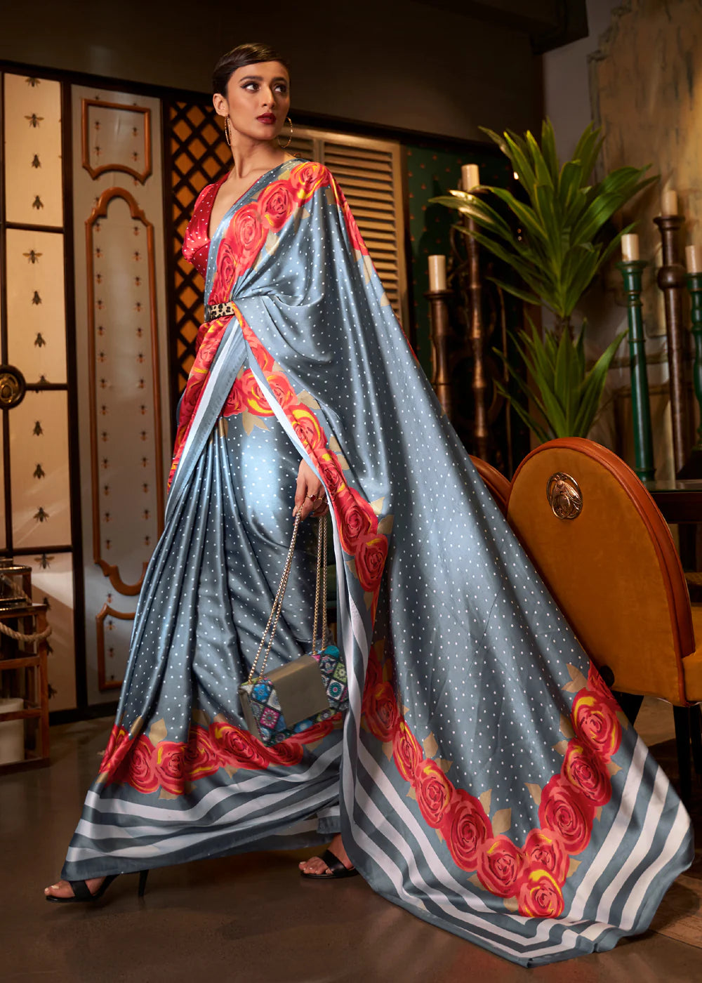 Misty Elegance: Slate Grey Satin Silk Printed Saree