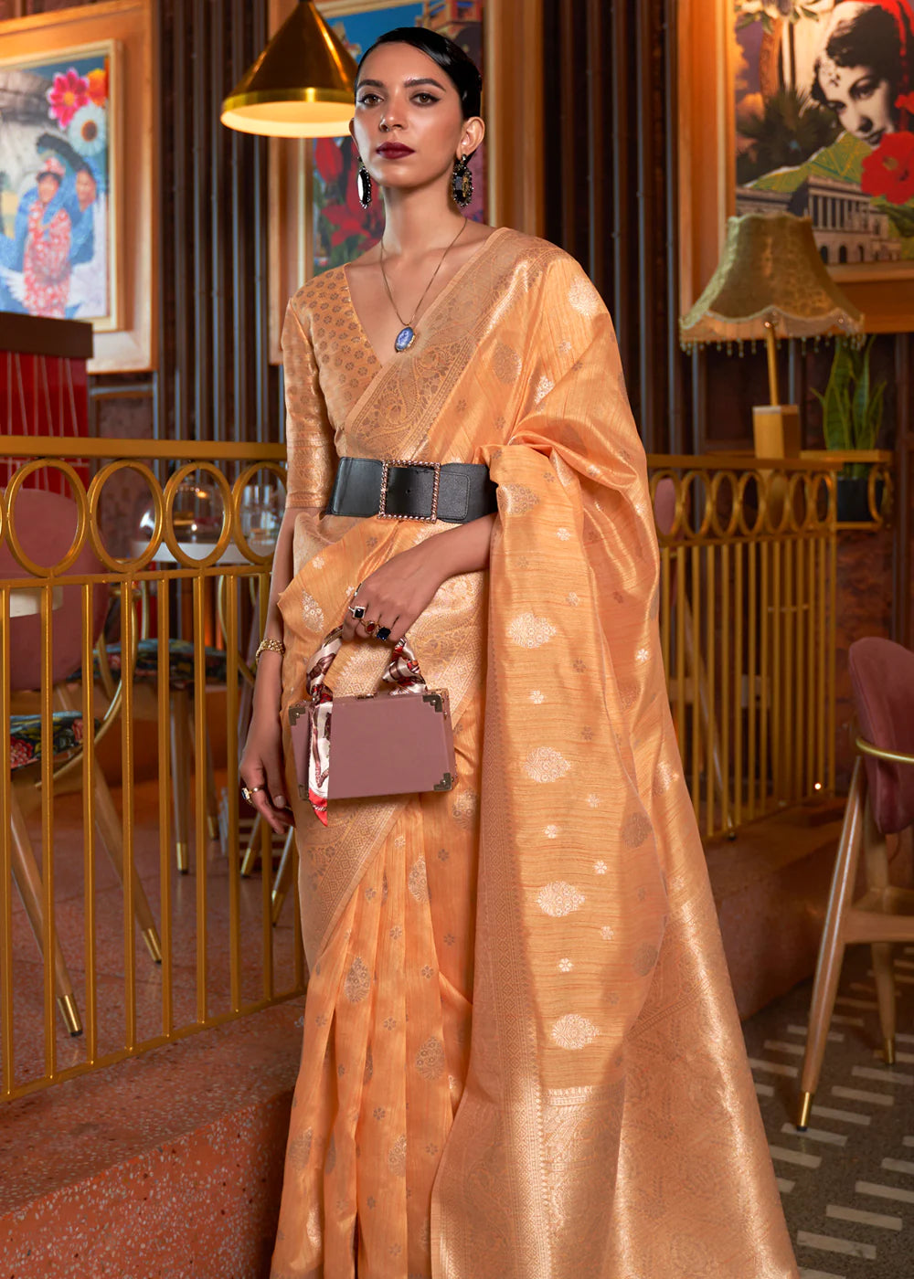 ORANGE HANDLOOM WEAVING BANARASI TUSSAR SILK SAREE