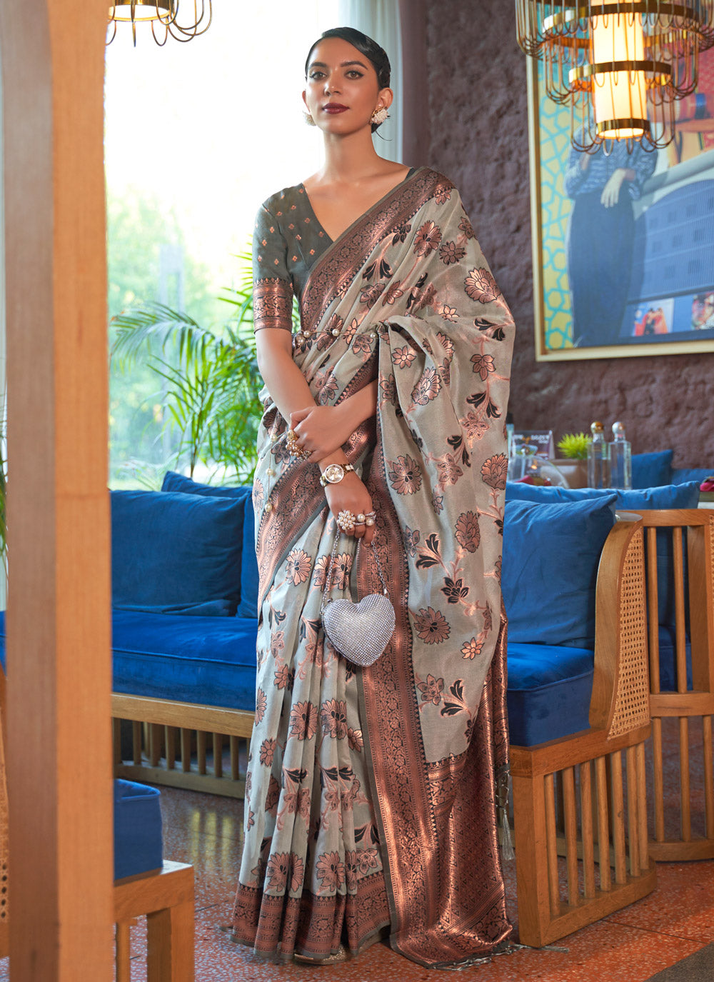 Amazing Grey Color Organza Designer Contemporary Saree