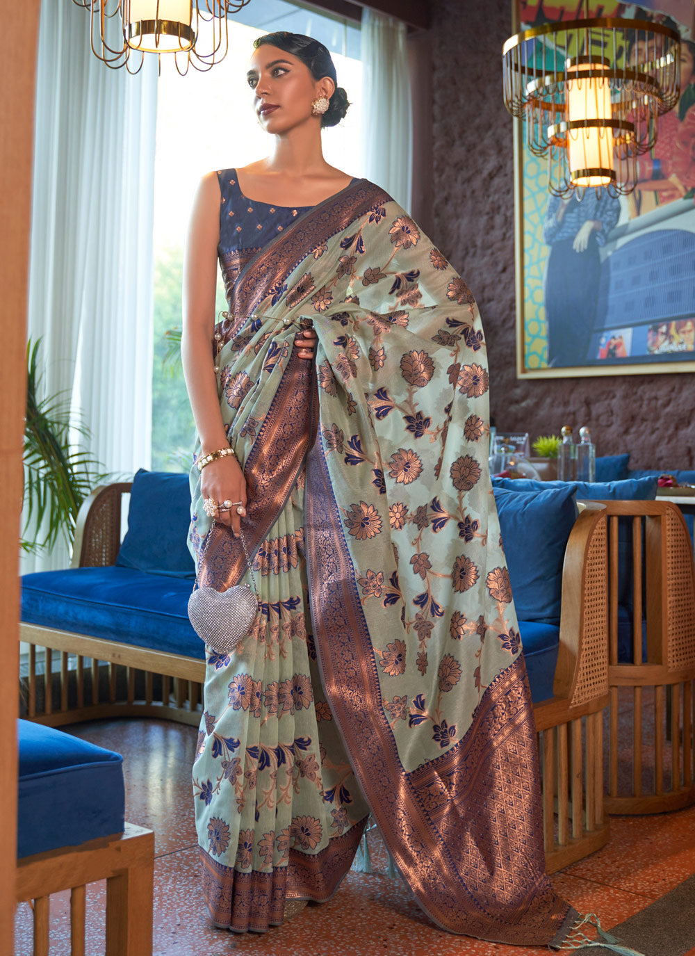 Beautiful Turquoise Color Designer Contemporary Style Saree