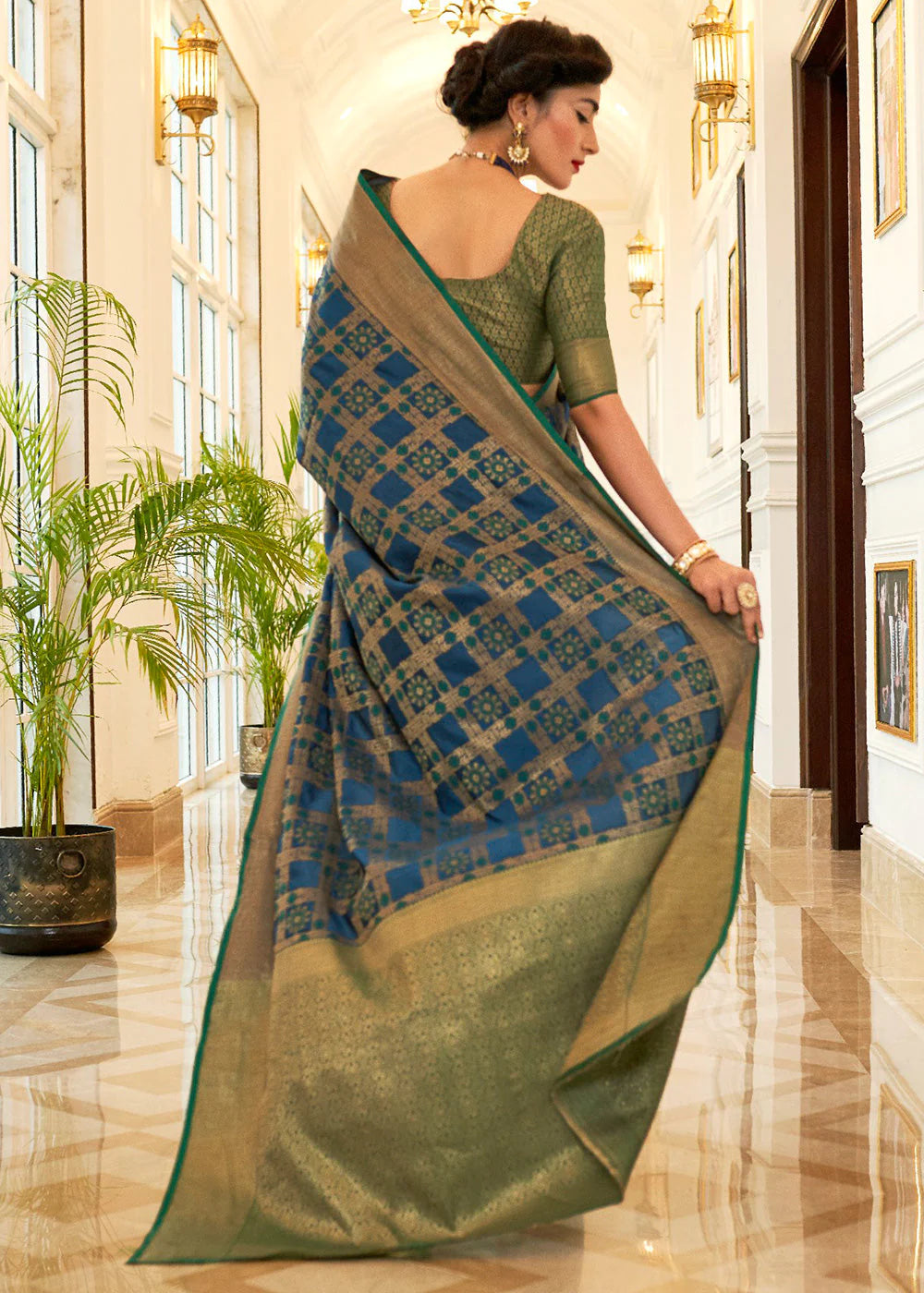 Blue Woven Patola Fusion Banarasi Saree With Brocade Blouse