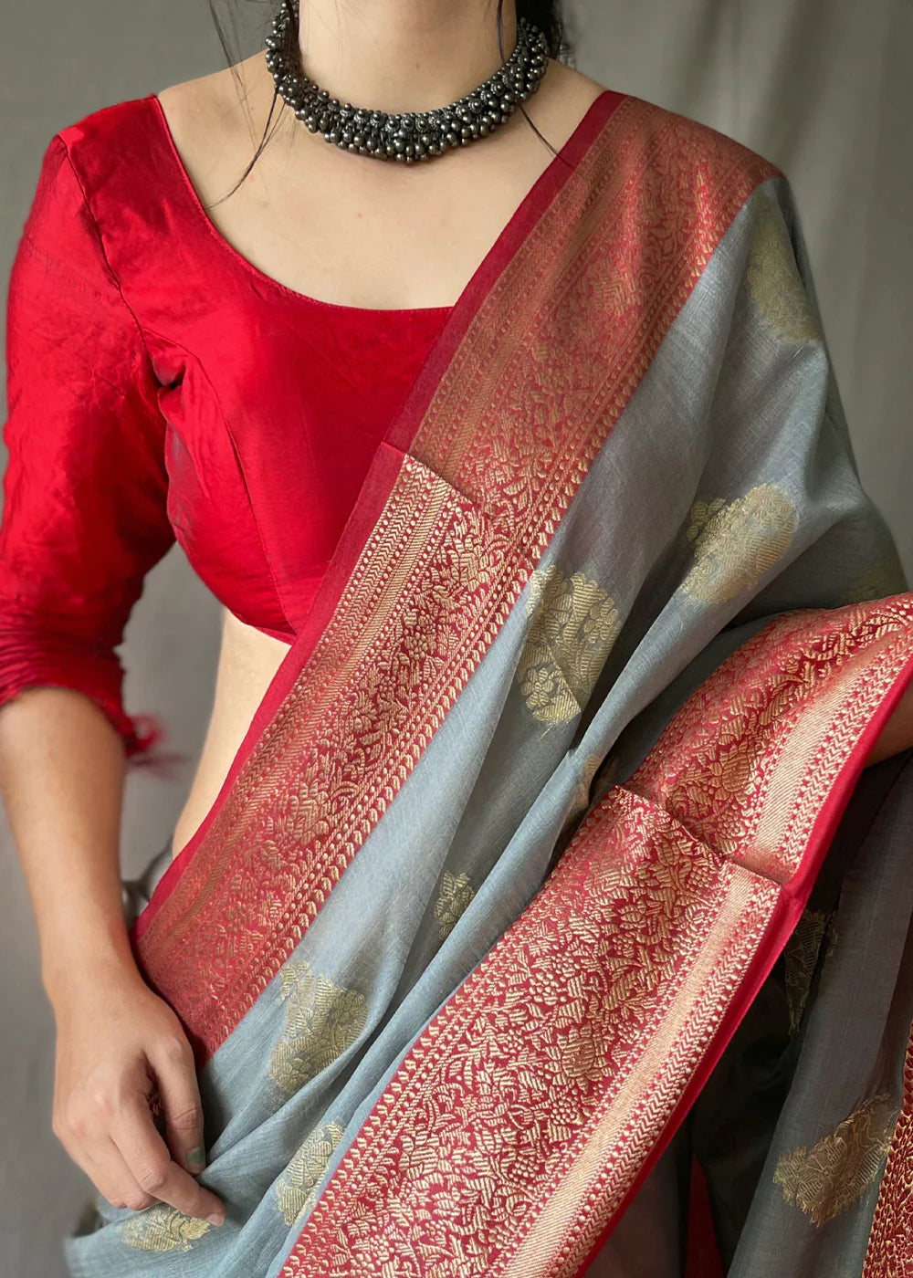 LEAD GREY Linen  Banarasi Silk Saree