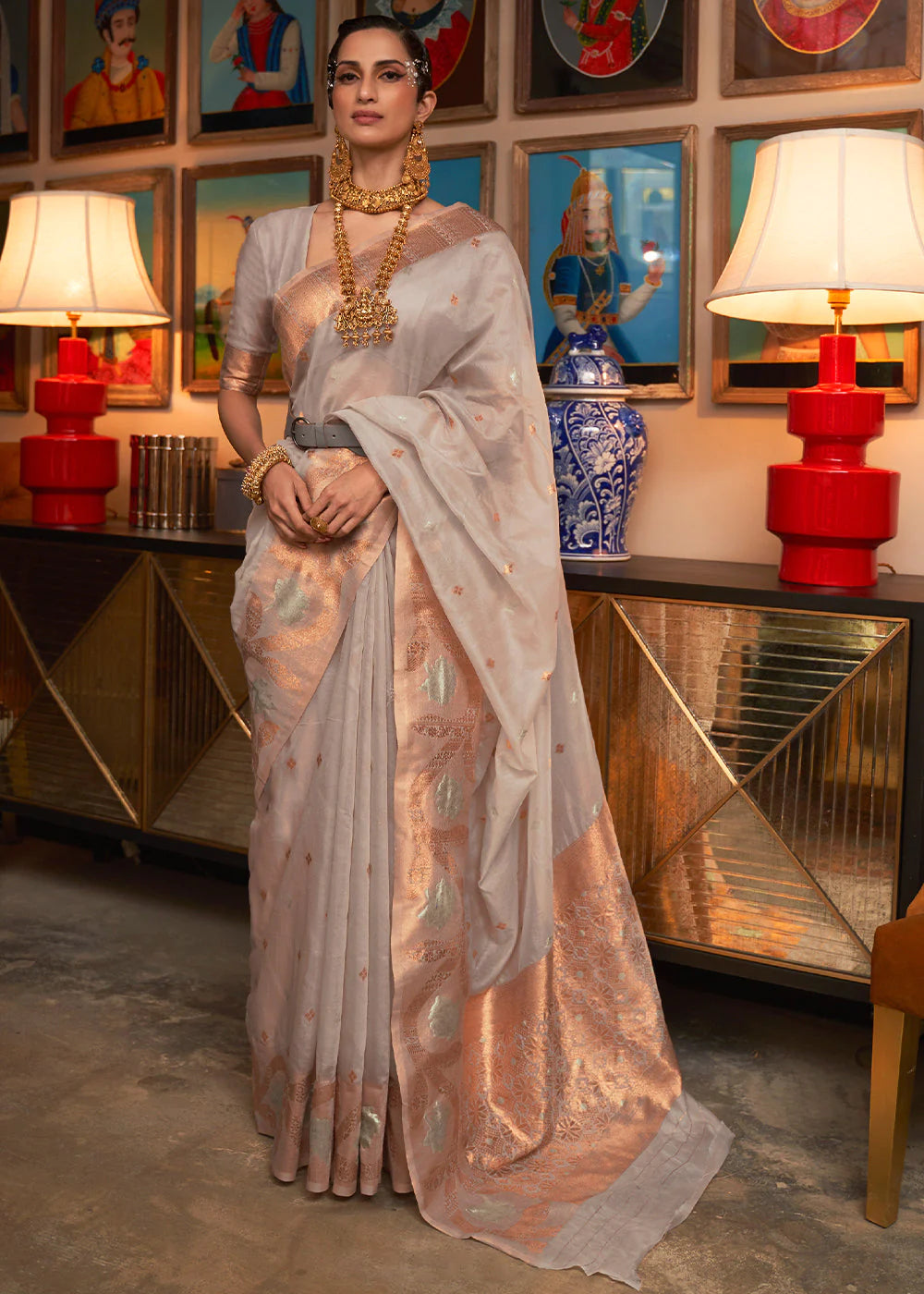 RIVER GREY COPPER ZARI HANDLOOM WOVEN SILK SAREE