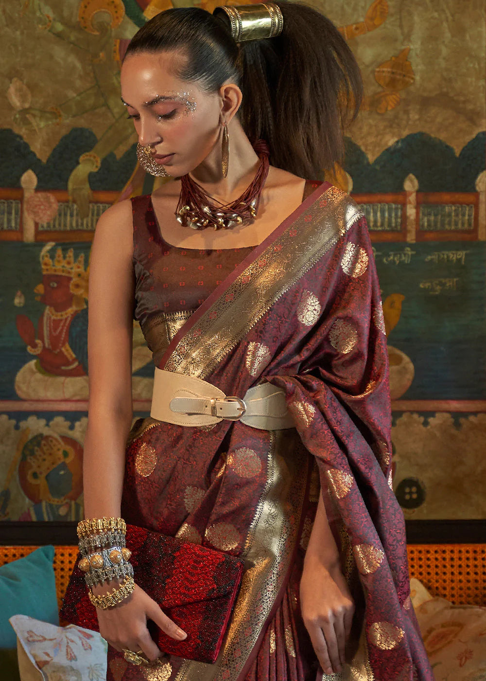 BROWN PURE TANCHOI HANDLOOM WOVEN SATIN SILK SAREE