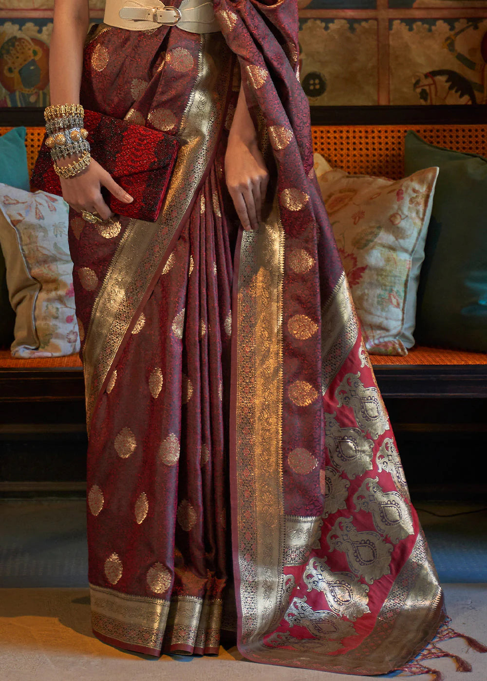 BROWN PURE TANCHOI HANDLOOM WOVEN SATIN SILK SAREE