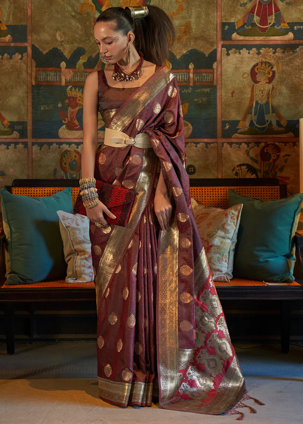 BROWN PURE TANCHOI HANDLOOM WOVEN SATIN SILK SAREE