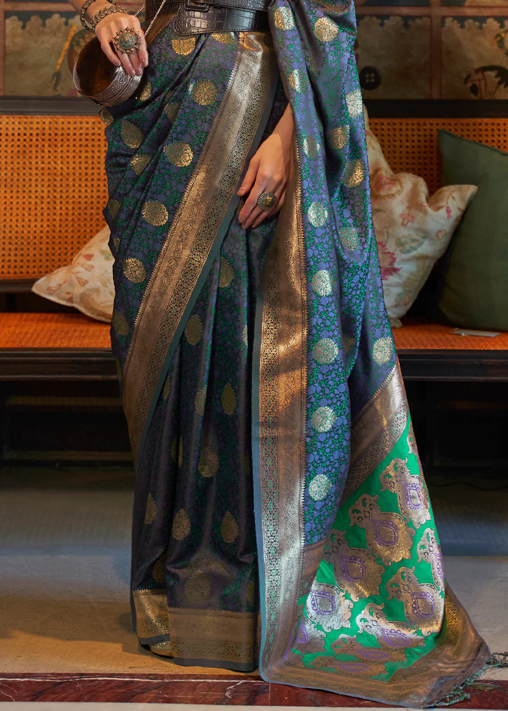 BLUE PURE TANCHOI HANDLOOM WOVEN SATIN SILK SAREE