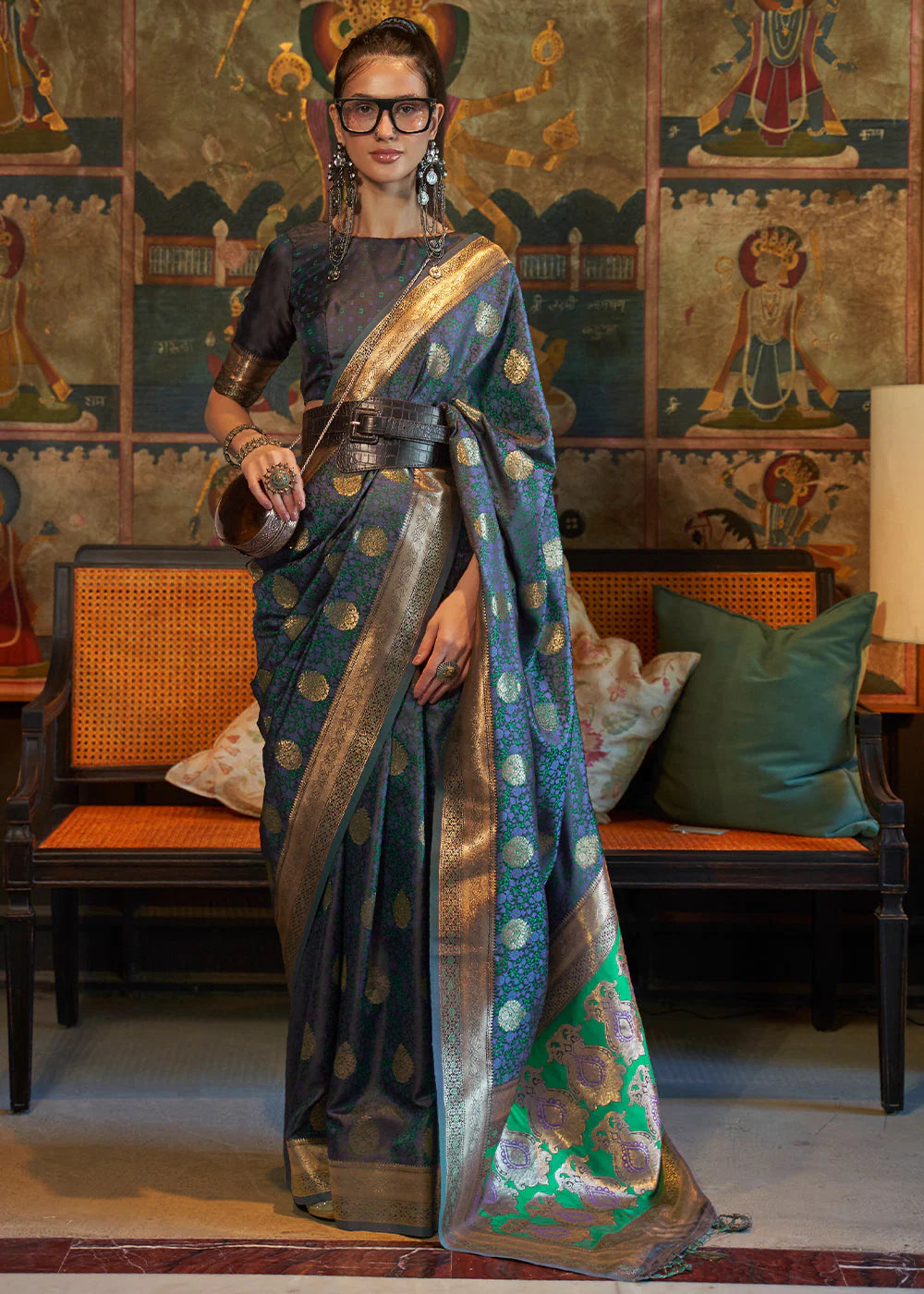 BLUE PURE TANCHOI HANDLOOM WOVEN SATIN SILK SAREE