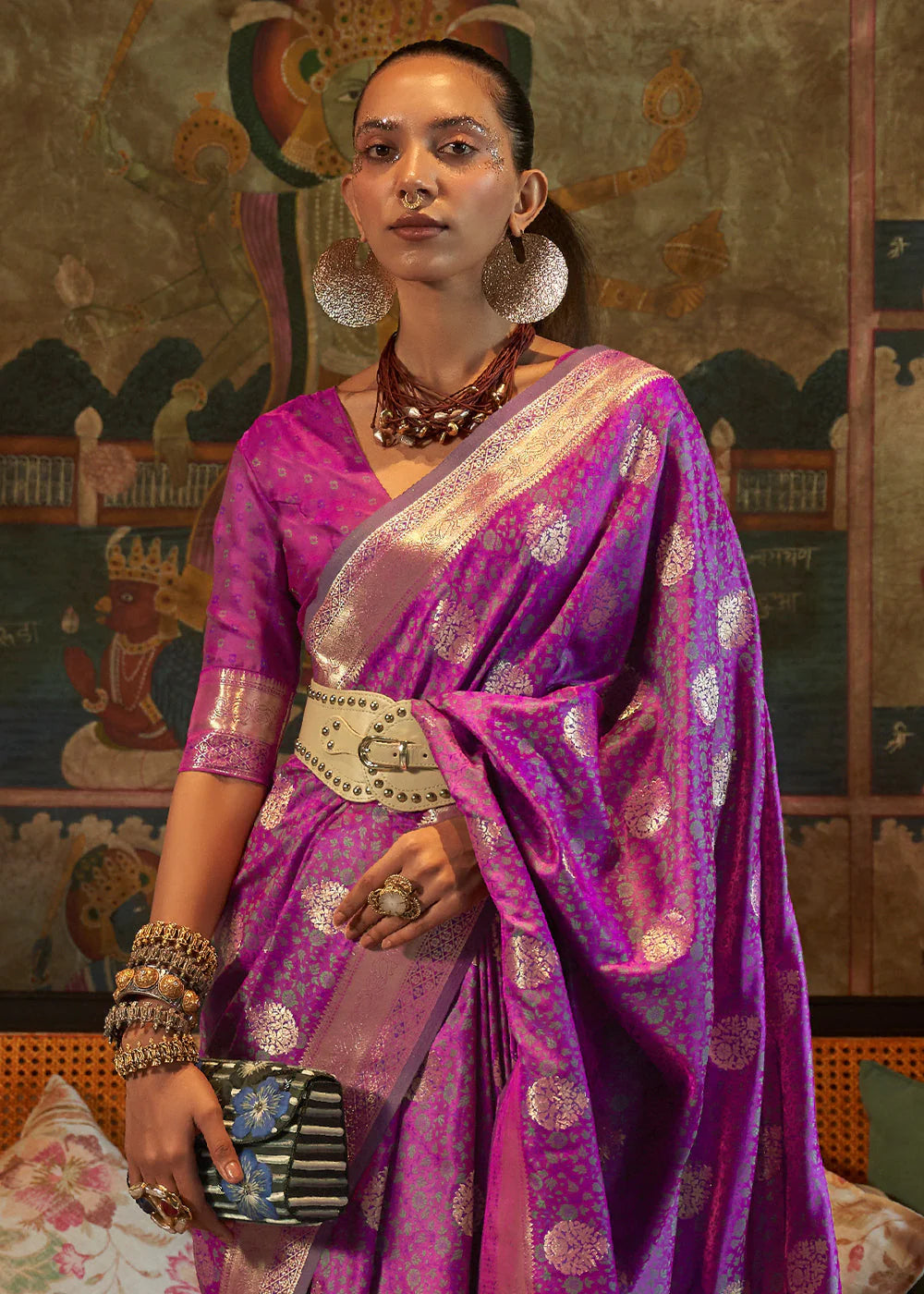 MAGENTA PURPLE PURE TANCHOI HANDLOOM WOVEN SATIN SILK SAREE