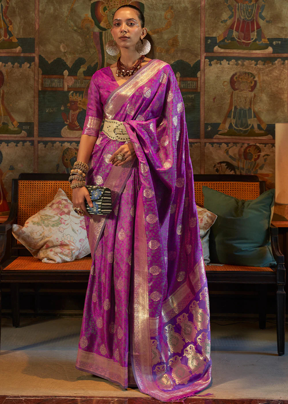 MAGENTA PURPLE PURE TANCHOI HANDLOOM WOVEN SATIN SILK SAREE