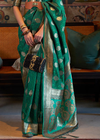 GREEN PURE TANCHOI HANDLOOM WOVEN SATIN SILK SAREE