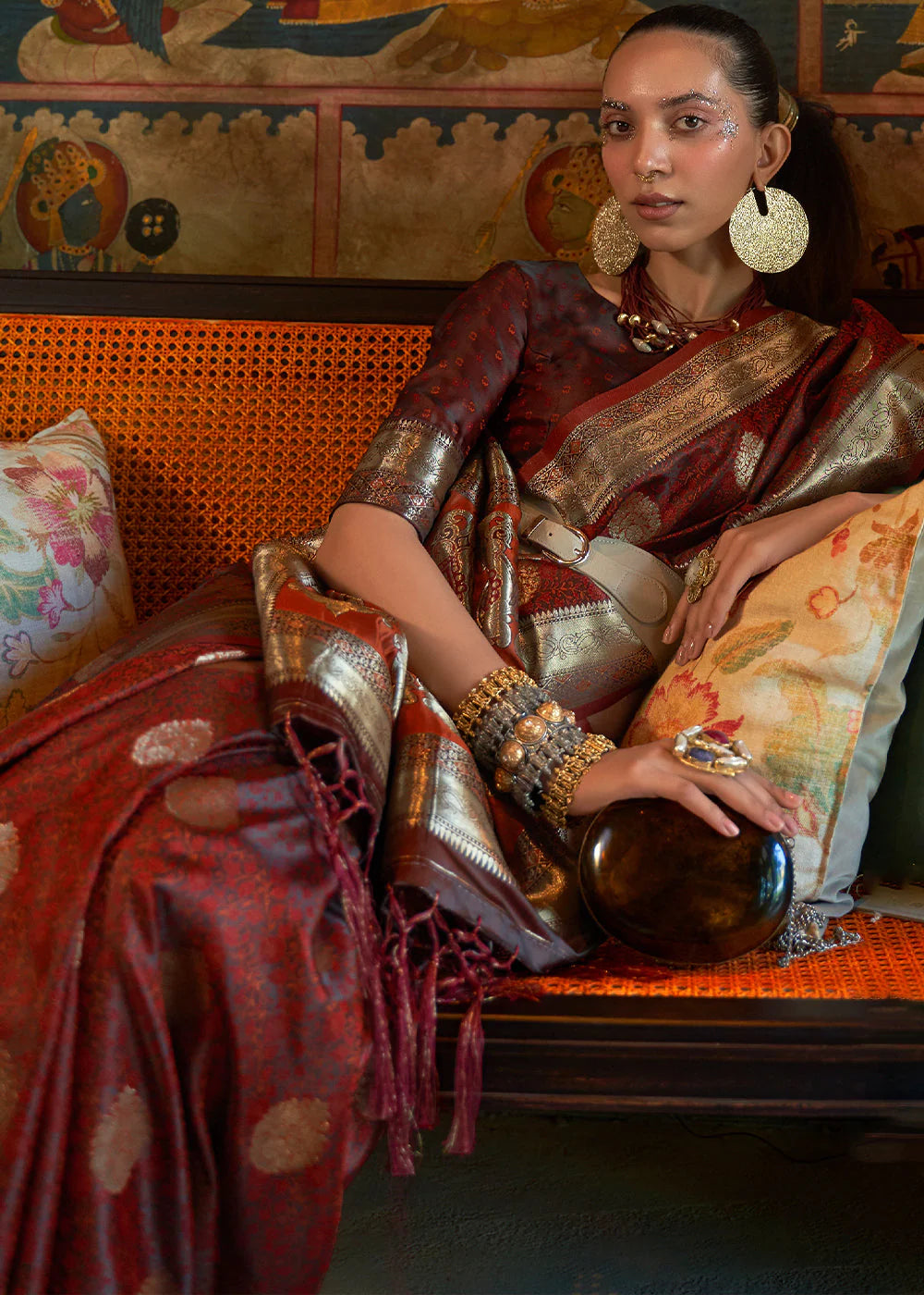 CHOKLET BROWN PURE TANCHOI HANDLOOM WOVEN SATIN SILK SAREE