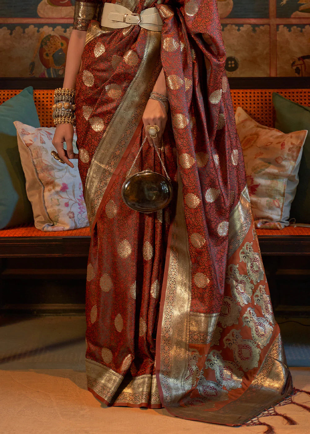 CHOKLET BROWN PURE TANCHOI HANDLOOM WOVEN SATIN SILK SAREE