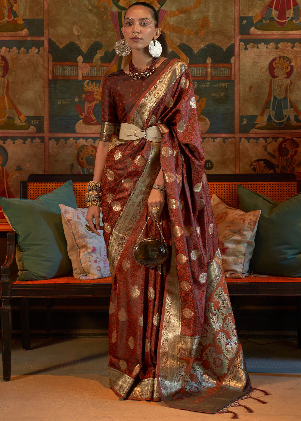 CHOKLET BROWN PURE TANCHOI HANDLOOM WOVEN SATIN SILK SAREE