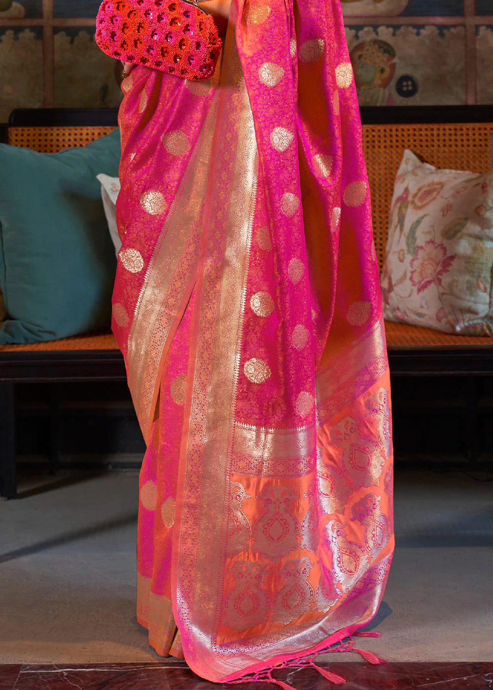 GORGEOUS PINK PURE TANCHOI HANDLOOM WOVEN SATIN SILK SAREE