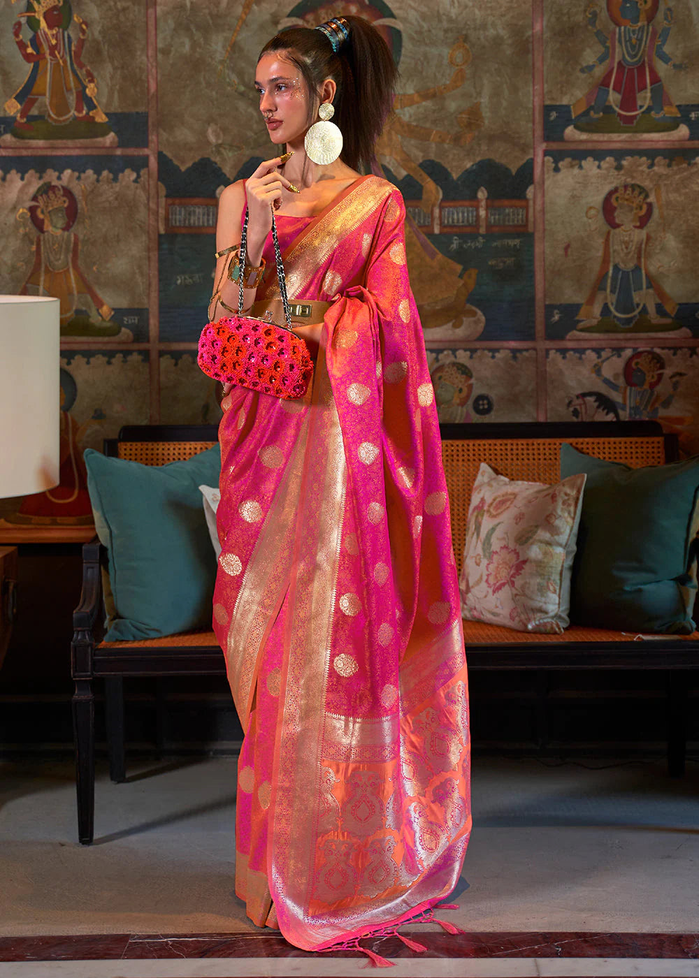 GORGEOUS PINK PURE TANCHOI HANDLOOM WOVEN SATIN SILK SAREE