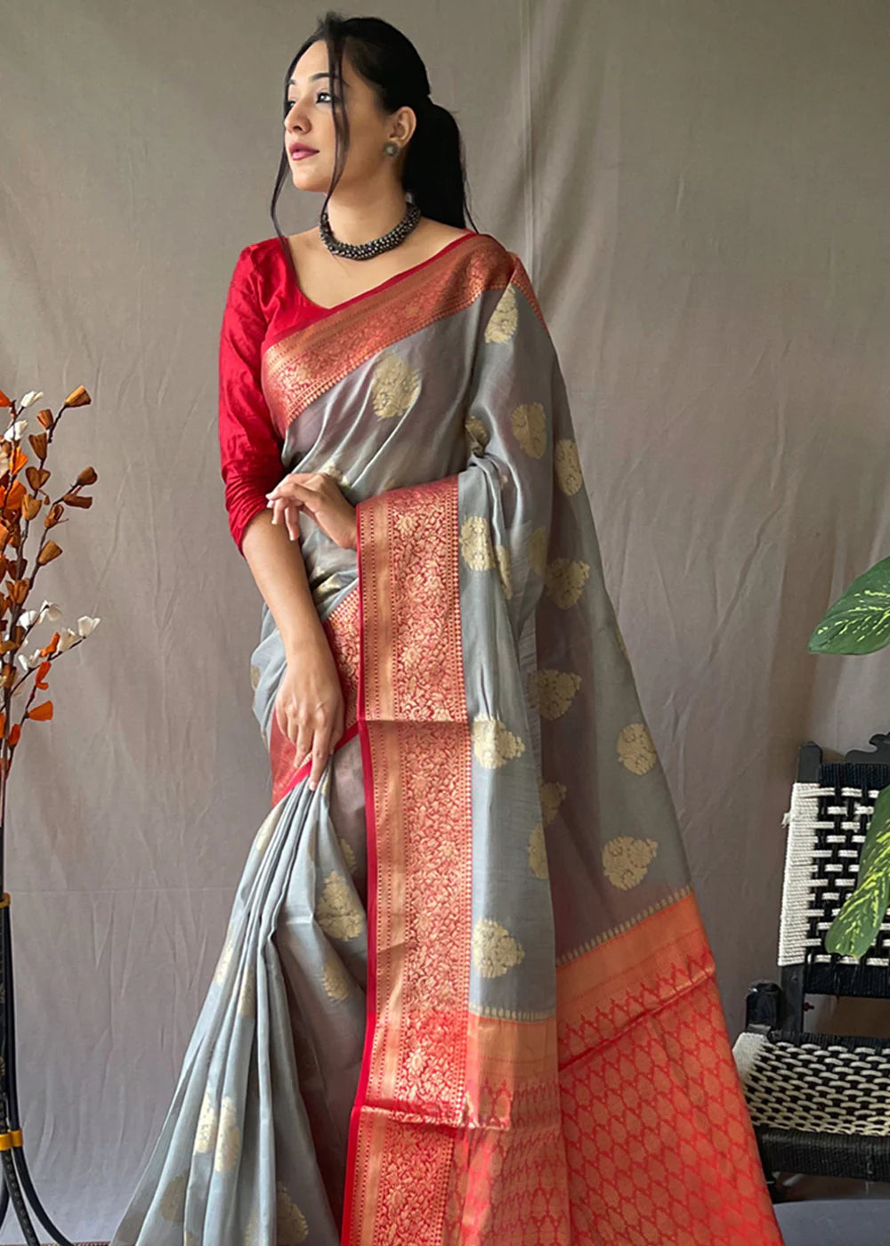 LEAD GREY Linen  Banarasi Silk Saree