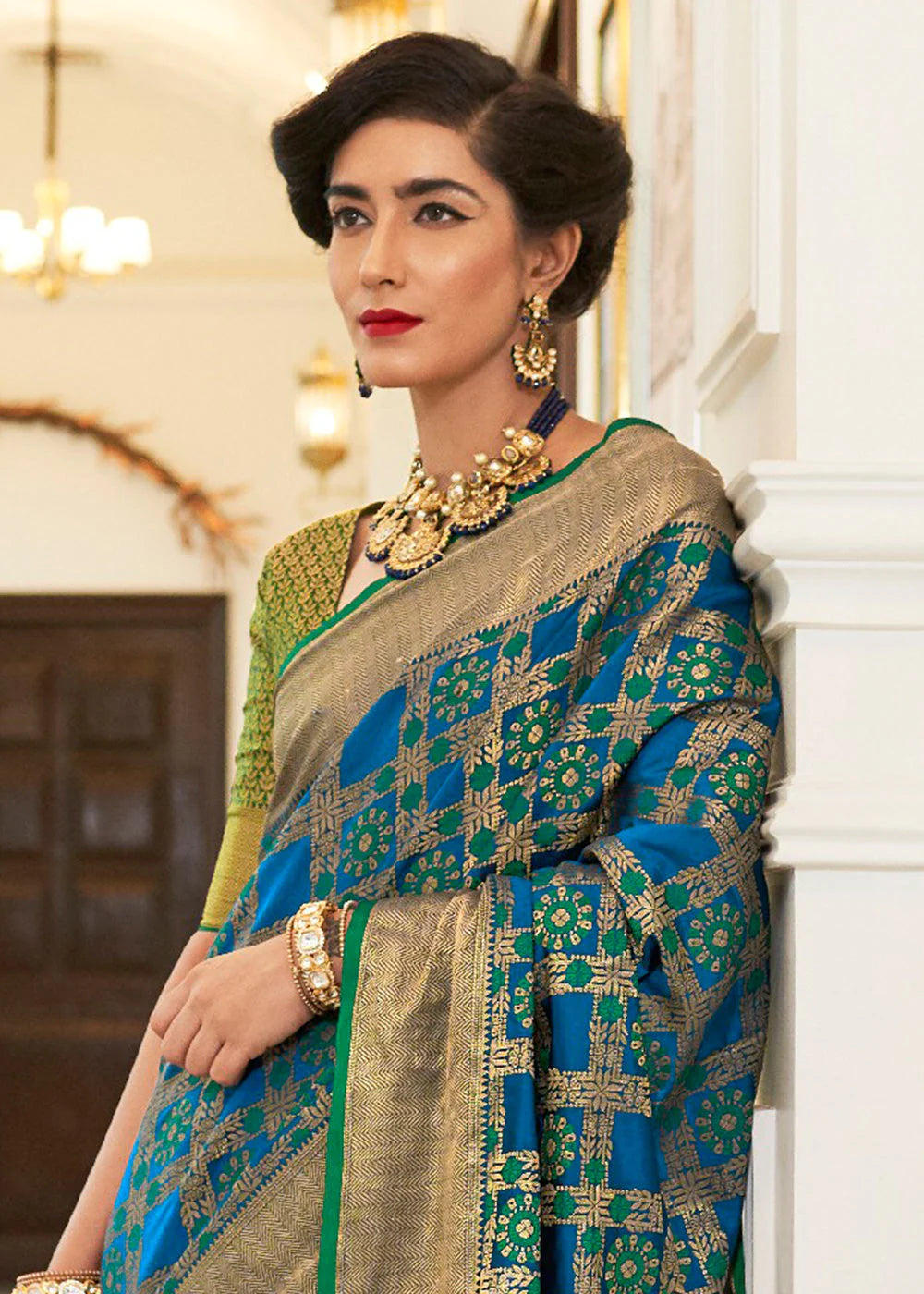 Blue Woven Patola Fusion Banarasi Saree With Brocade Blouse