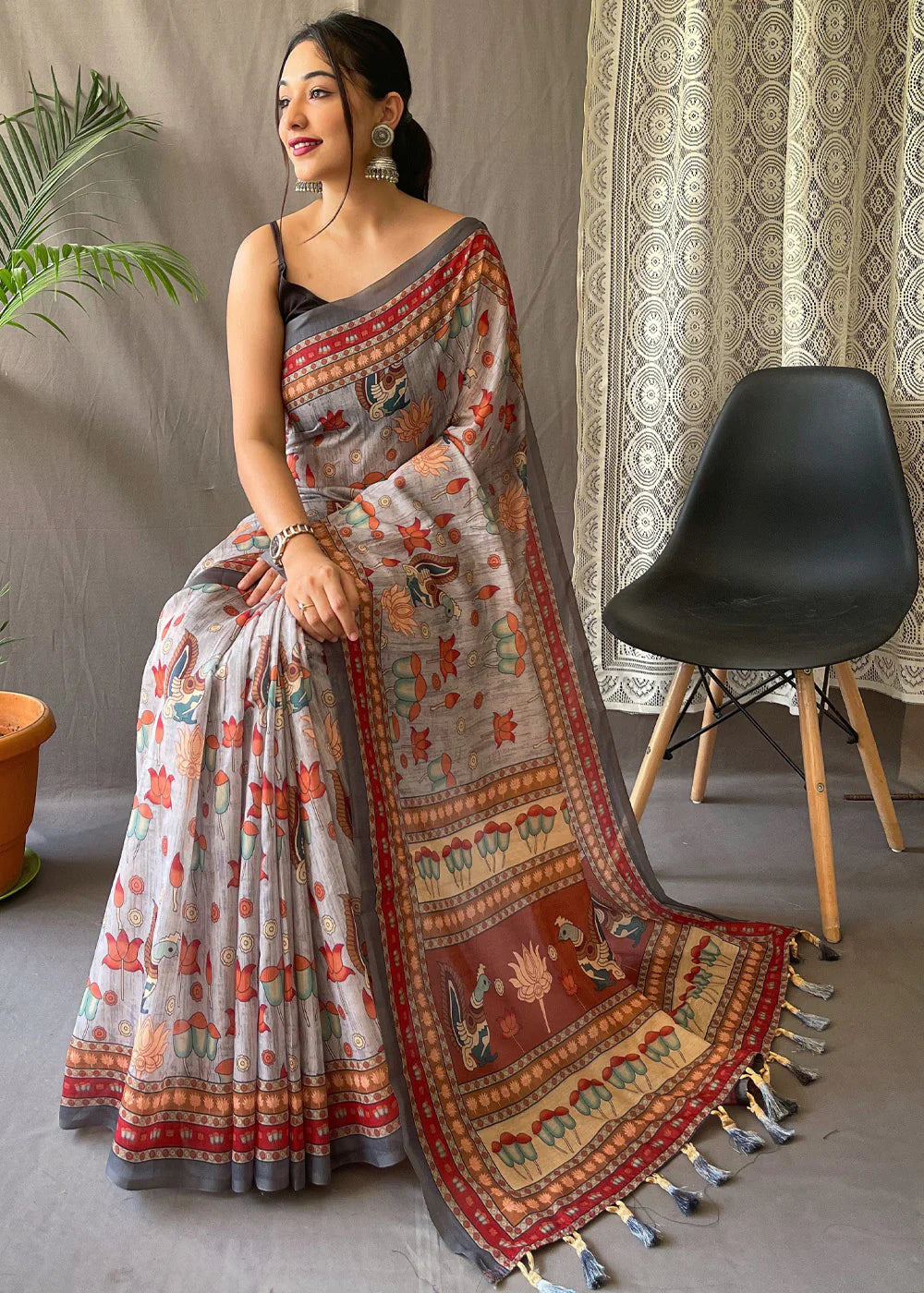 Grey kalamkari Printed Cotton Silk Saree