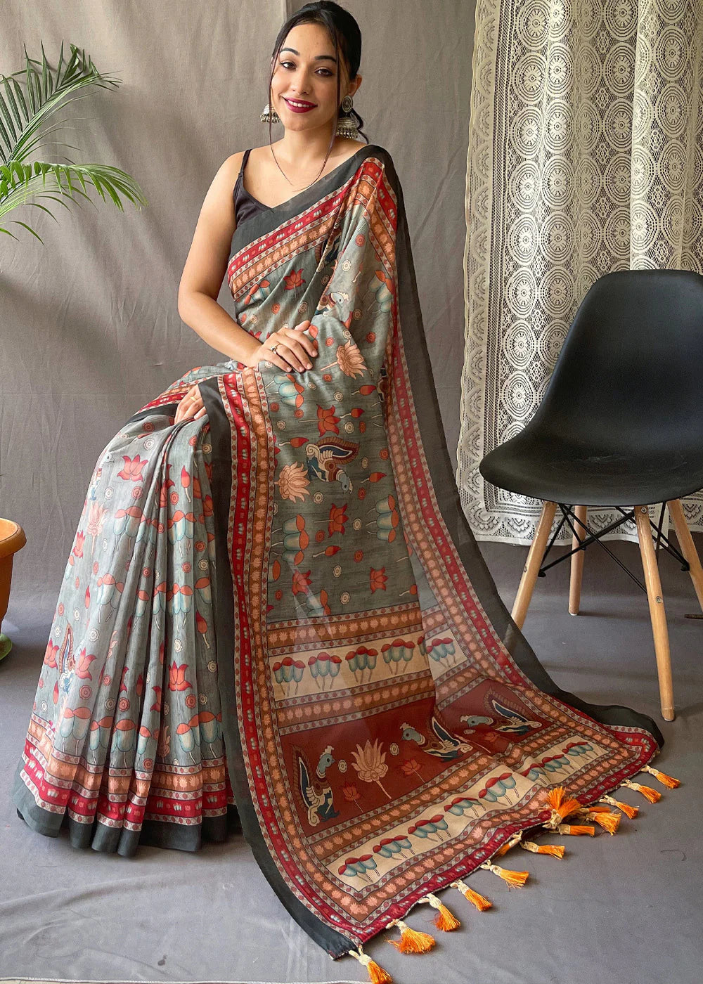 Greyish Blue Printed Cotton Silk Saree