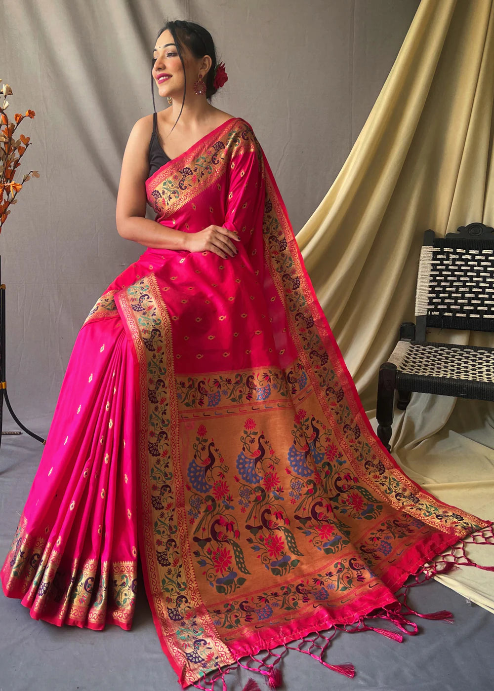 CORAL Pink Woven Paithani Silk Saree