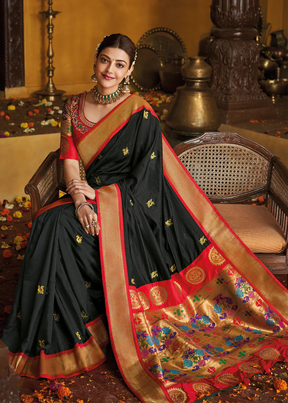 SHOOTING BLACK GOLD ZARI WOVEN PAITHANI SILK SAREE WITH DESIGNER BLOUSE