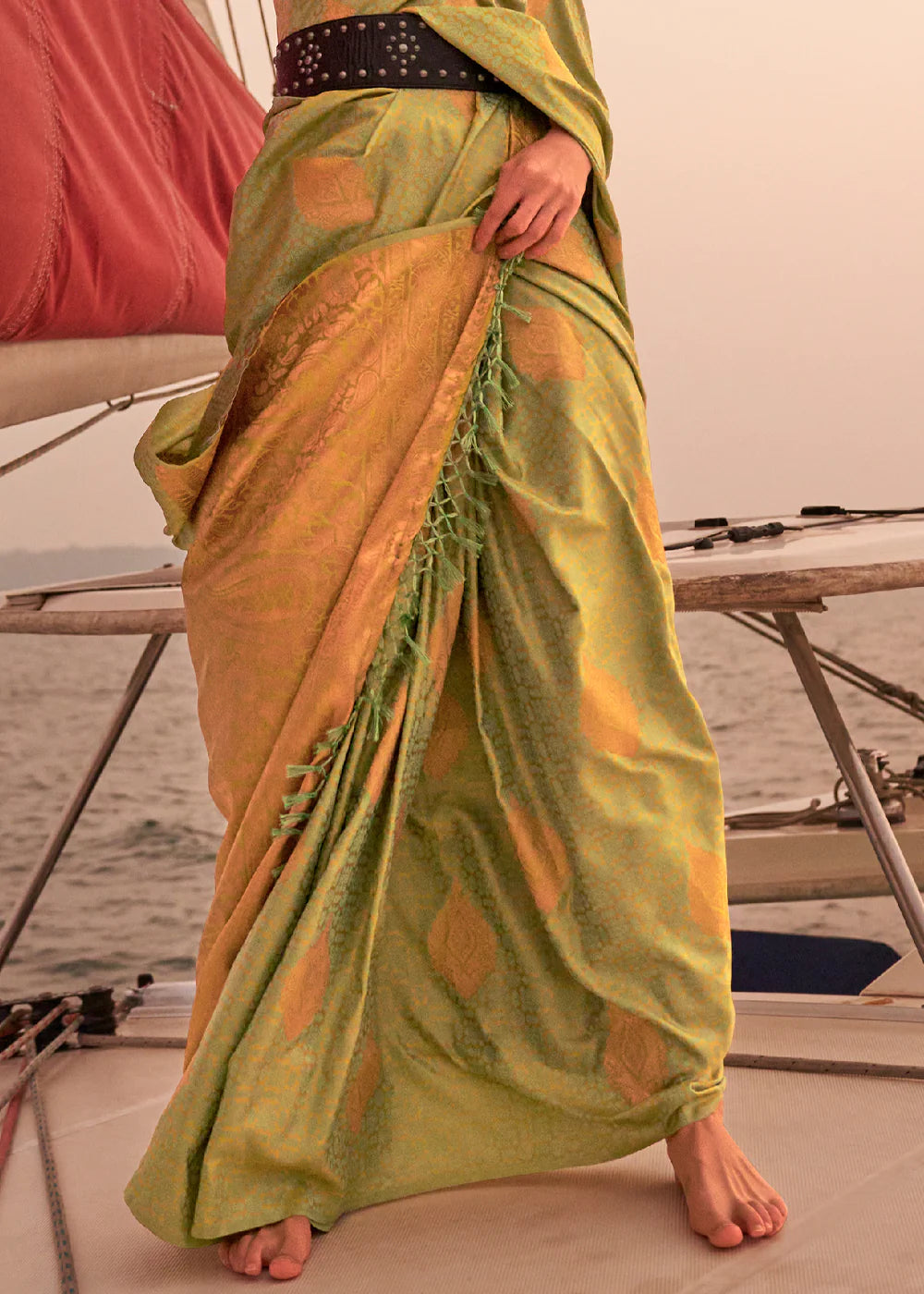 OLIVE GREEN Dual Tone Banarasi Satin Silk Saree