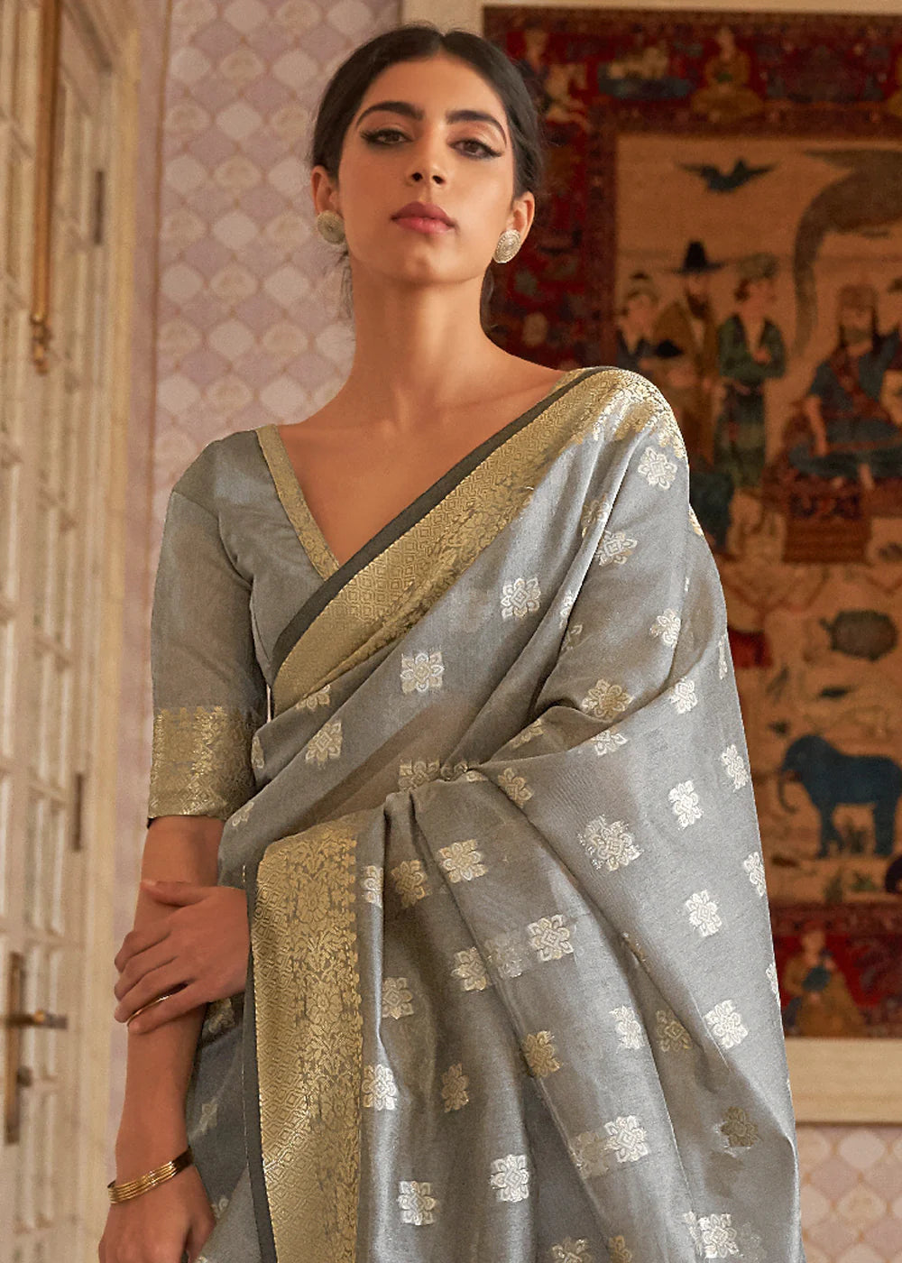 Grey And Gold Woven Banarsi Silk Saree