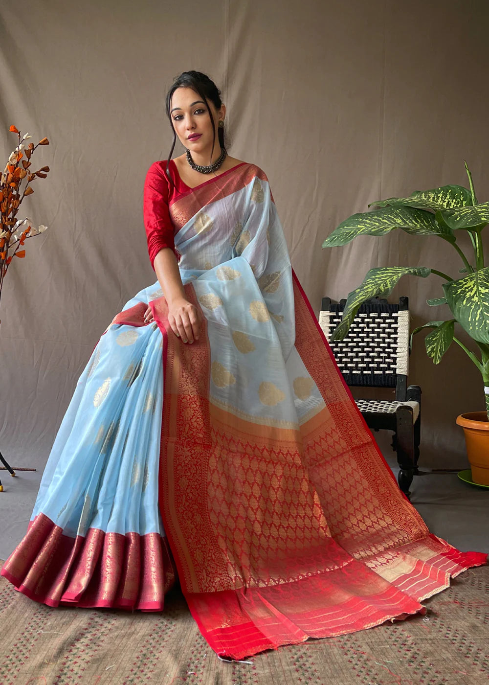 POWDER BLUE Linen  Banarasi Silk Saree