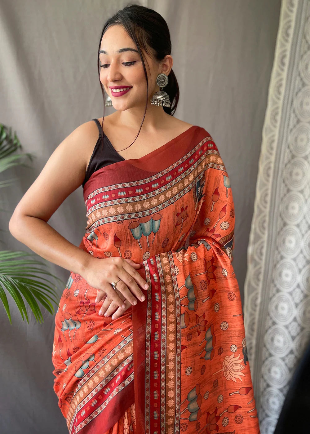 Orange kalamkari Printed Cotton Silk Saree