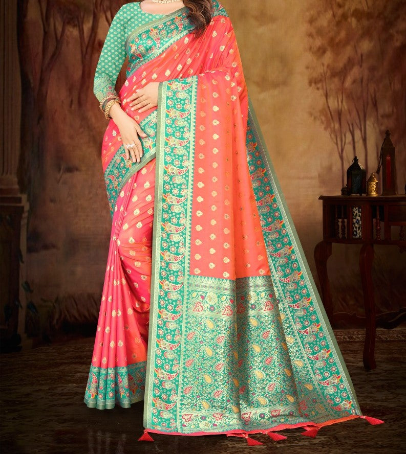 PINK & GREEN HANDLOOM WEAVE KANJIVARAM SILK SAREE