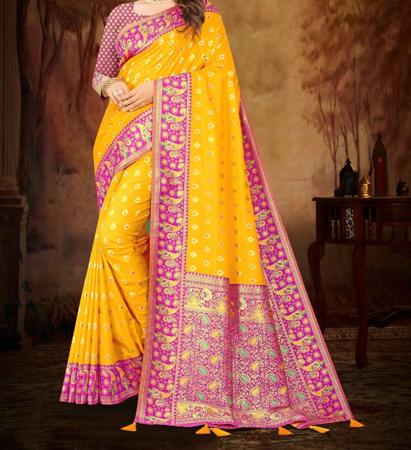 AUREOLIN YELLOW & PINK HANDLOOM WEAVE KANJIVARAM SILK SAREE